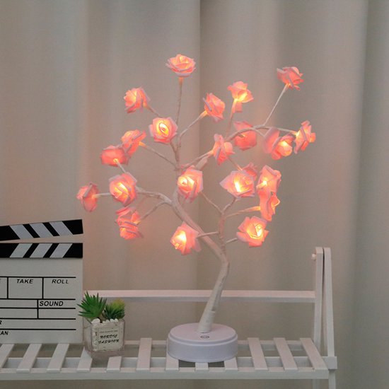 LED-roosboomlamp, decoratieve bureaulamp met aanraakschakelaar, nachtlampje met gesimuleerde roos, sfeerlamp voor de slaapkamer - oplaadbaar en met netstroom te gebruiken (batterijen niet inbegrepen)