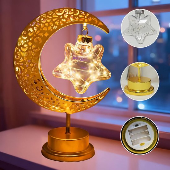 LED-tafellamp van smeedijzer met draaiende maan en sterren, Midden-Oosterse decoratie voor Eid al-Fitr, retro hol metalen bureaulamp (batterijen niet inbegrepen)
