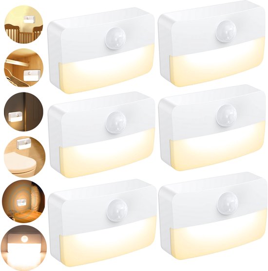 LED Trapverlichting met Bewegingssensor - 6 Stuks Draadloze Nachtlampjes op Batterij - Warm Wit 3000K - Automatische Sensorlamp voor Kast, Gang, Slaapkamer en Badkamer