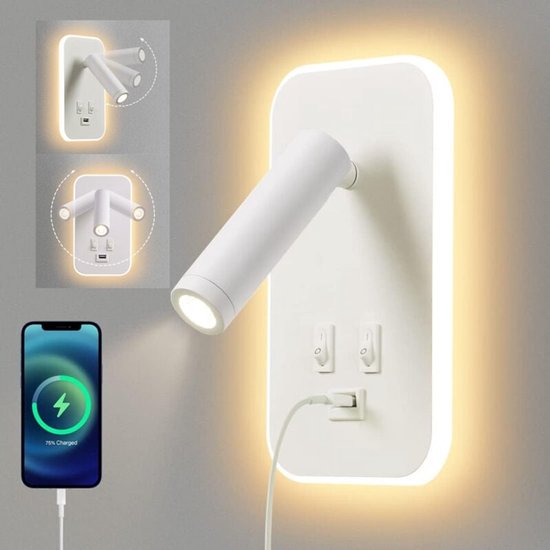 LED wandlamp - elektrische schakelaar - USB oplaadpoort - instelbare kamersfeer (natuurlijk licht 3 W + natuurlijk licht 9 W) Blanc van Eruis.