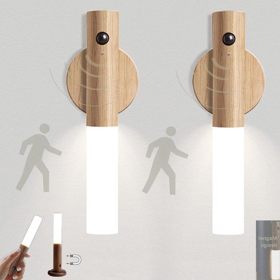 Led-wandlamp nachtlampje met bewegingsmelder en USB oplaadbaar - set van 2 - houten lampen - magnetisch - kastverlichting - warm wit van Merkloos