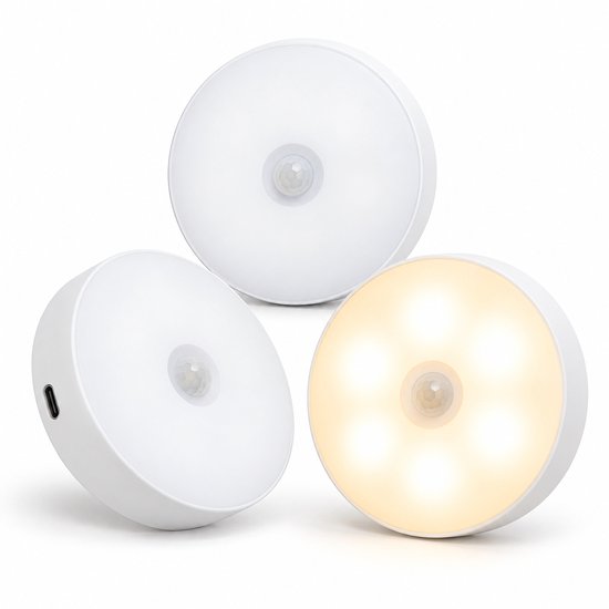 Ledverlichting - Bewegingssensor - 3 stuks - Rond - Draadloos - Oplaadbaar - USB C - Nachtlamp - Warm licht - Sensor - Kastverlichting - Trapverlichting - Nachtlampje van Bobypet