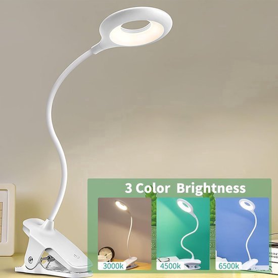 Leeslamp - Klemlamp - Oplaadbare LED nachtlamp - Met dimfunctie en 3 kleurtemperaturen - Geschikt als studielamp, slaapkamerlamp of verlichting voor de make-upspiegel