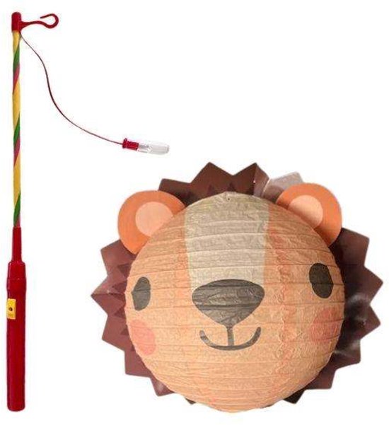 Leeuw Lampion met Stok - Beige - 24x24cm - Plastic en Papier - Verjaardag Versiering - Feest Decoratie - Sint Maarten Lampionnen