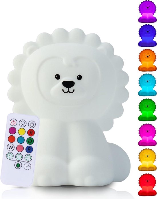 Leeuw Nachtlamp - Slaapmaatje Kinderen - Veilige Slaap - Tikfunctie Afstandsbediening - Groot Design - Wit