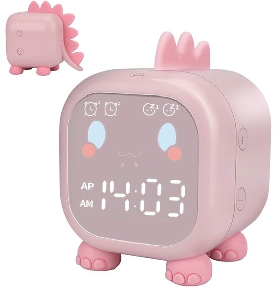 Leuke kinderwekker, multifunctioneel, verstelbaar, met nachtlampje, afteltimer, snooze-functie, spraakbediening, oplaadbaar (roze).