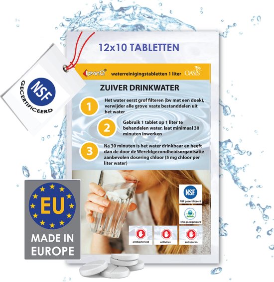 LevinQ Waterzuiveringstabletten 120x 1 Liter - Houdbaar 2027! + LevinQ Handschoenen PE - British Army NATO Veilig Drinkwater van LevinQ