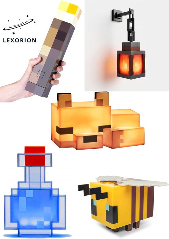 Lexorion 5-in-1 PixelArt LED Nachtlampen Set – Vos Lamp 16 cm, Torch Lamp 28 cm, Pixel Art RGB Lamp, Fles Lamp & Gele Bij Figural Mood Light – USB Oplaadbaar & Batterij – Sfeerverlichting voor Kinderkamer & Gamekamer
