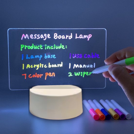 Lexorion Cadeau - Message Board Lamp - LED Verlichting - 7 Kleuren Verlichting - 7 Kleuren Markers - Herschrijfbare Lichtplank - Uitwisbaar Schrijfbord met Markers - Romantisch Nachtlampje en Decoratie - Cadeau voor Kinderen - Kerst - Verjaardag