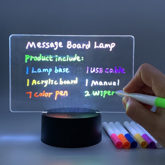 Lexorion Cadeau - Message Board Lamp - LED Verlichting - 7 Kleuren Verlichting - 7 Kleuren Markers - Herschrijfbare Lichtplank - Uitwisbaar Schrijfbord met Markers - Romantisch Nachtlampje en Decoratie - Cadeau voor Kinderen - Verjaardag - Zwart