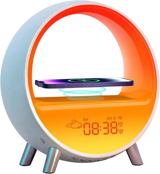 Lichtwekker met Zonsopgangsimulatie, Bluetooth Speaker en Draadloze Oplader