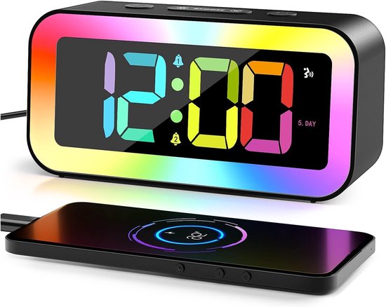 Lichtwekker voor kinderen, digitale klok met RGB-kleuren, instelbare helderheid, spraakbediening, 12/24 uur, USB-aansluiting, geheugen bij stroomuitval