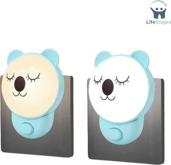 LifeStages - Stopcontactlamp - Koala LED Nachtlampje - Voor - Plug - Warm of Wit Licht - Geschikt - Voor - Slaapkamer - Hal - Toilet - Keuken - Muur - Kinder Nachtlampje - Stopcontact - Met - Schakelaar - 2 Stuks - Blauw-Blauw van LifeStages