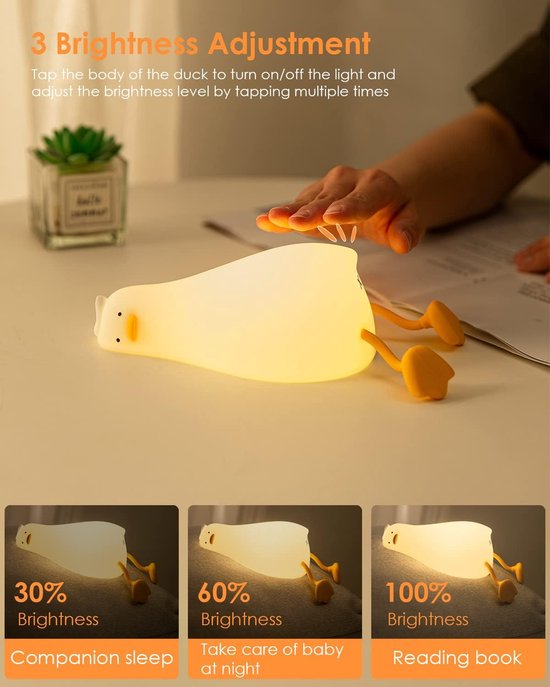 Liggende eend oogbeschermende nachtlamp - nachtlampje - tafellamp slaapkamer - Drie instelbare helderheidsniveaus - Siliconen - Geschikt voor babykamers/kinderkamers - 21x10,3x6,2CM van Merkloos