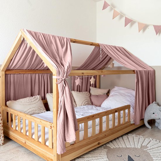 LILIMAUS Huisbed hemeltje met gouden details - bedhemel voor huisbed - 135 x 320 cm - mousseline katoen - poederroze