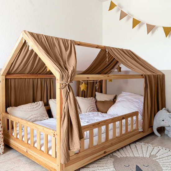 LILIMAUS Huisbed hemeltje met gouden details - bedhemel voor huisbed - 67,5 x 270 cm - mousseline katoen - bruin
