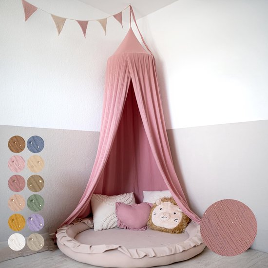 LILIMAUS Klamboe baby met gouden details - bedhemel en hemeltje kinderkamer - mousseline katoen - 245 cm - oudroze