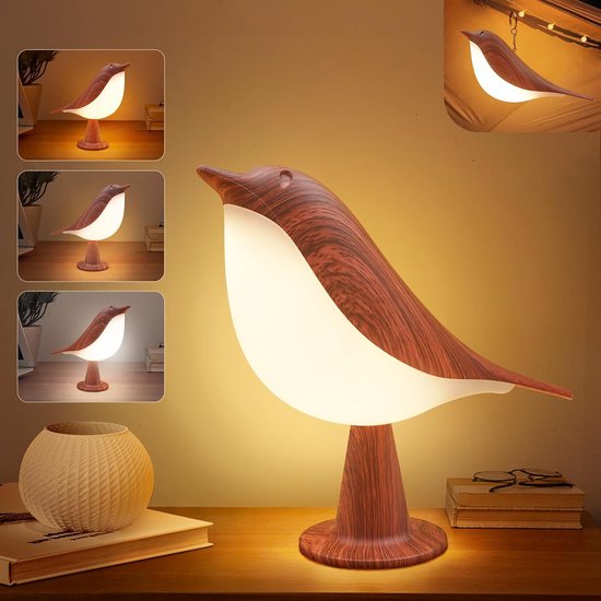 Little Bird-bureaulamp - Nachtlampje voor kinderen - Draadloze bureaulamp - Oplaadbaar - 3 kleurtemperaturen & aanraaksensor - Geschikt voor kinderen, slaapkamers, naast het bed en buitengebruik - Bruin