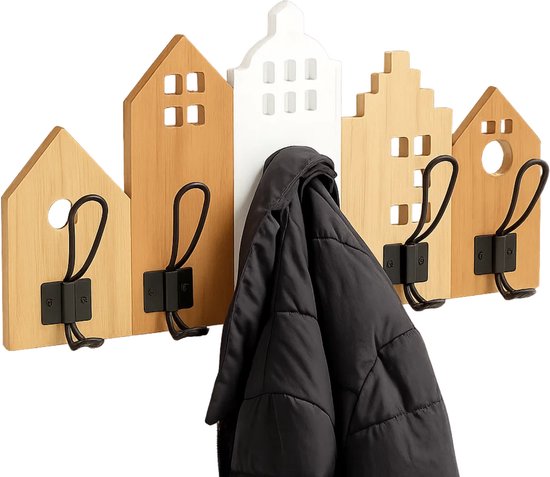 Lomera Kapstok met Huisjes - MDF Kapstok - Wandkapstok - Kapstok met Haken - Decoratieve Kapstok - Huisjes Design - Kapstok voor Hal - Kapstok voor Muur - Kapstok voor Entree - Garderobe
