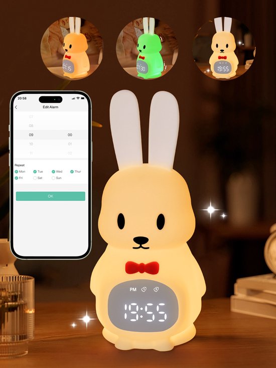 Lopoleis® Slaaptrainer - Slaapwekker Baby - Nachtlamp functie met Wekker - Kinderwekker - Tuxedo Rabbit - Inclusief App van Lopoleis