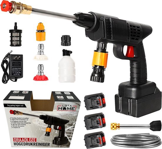 LotaHome - Draadloze Hogedrukreiniger - Inclusief 3 Accu's - Instelbare Accu Drukreiniger - Plantenspuit - Auto Schoon Spuiten - Inclusief 5 Meter Waterslang - Waterdrukreiniger - Spuitpistool - Hogedrukspuit - 30 bar & 24 V - Complete Set van LotaHome