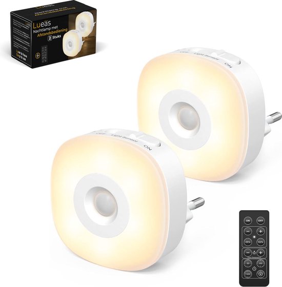 Lueas® - 2x LED Stopcontact Lampje Met Lichtsensor - Met Afstandsbediening - Plugin Ledlamp - Nachtlampje - Warm/Wit licht - Dimbaar - Met Timer van Lueas