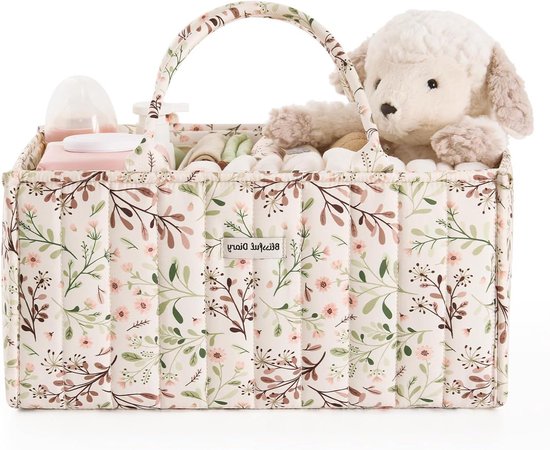Luier Organizer - Luier Caddy - Babybenodigdheden Opbergen - Met Verwijderbare Scheidingswanden - 25 x 38 x 17.5 cm - Bloemenprint