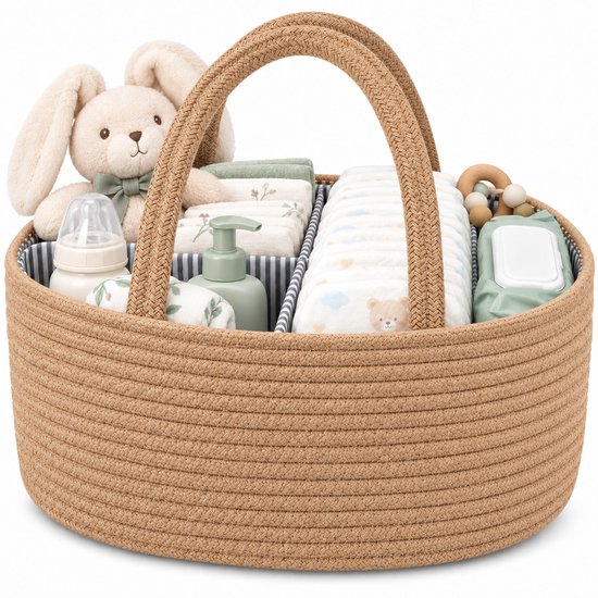 Luiermand voor Commode – Baby Organizer met Uitneembare Vakken – Commodemandje met Handvatten – 36 x 22 x 18 cm – Opbergmand voor Luiers, Doekjes & Babyverzorging – Bruin