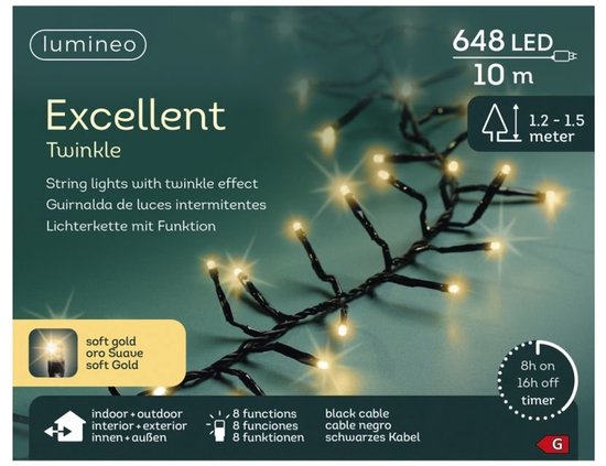 Lumineo LED Excellent Twinkle 648 LEDs 10 m Zwart Soft Gold Licht van Lumineo