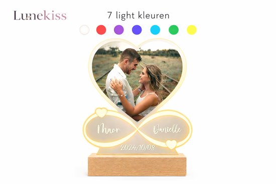 Lunekiss Valentijn Cadeau Foto Nachtlamp – Acryl Plaque Gepersonaliseerd met Naam & Datum – 7 Kleuren LED – USB van Merkloos
