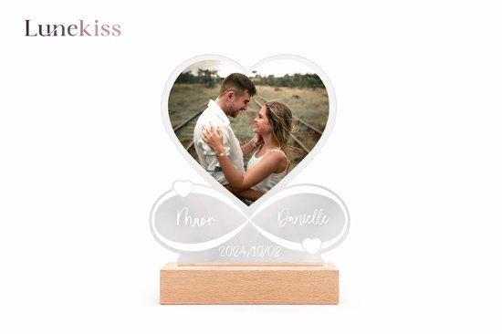 Lunekiss Valentijn Cadeau Foto Nachtlamp – Gepersonaliseerde Acryl Plaque met Naam Datum & LED – Houten – USB – Warm wit