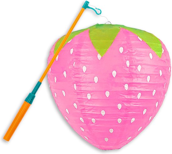 LUQ - Aardbei - Lampion - Sint Maarten - Lampionstokje - Met Lichtje - TrekLampion - Papier - Kind - Roze - Versiering - 1 Stuk van LUQ