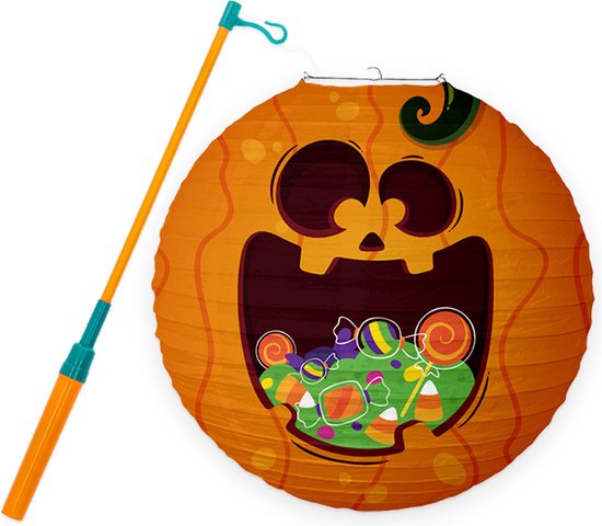 LUQ - Pompoen - Halloween - Lampion - Met Lichtje - Lampionstokje - Treklampion - Papier - Sint Maarten - Kind - 1 Stuk