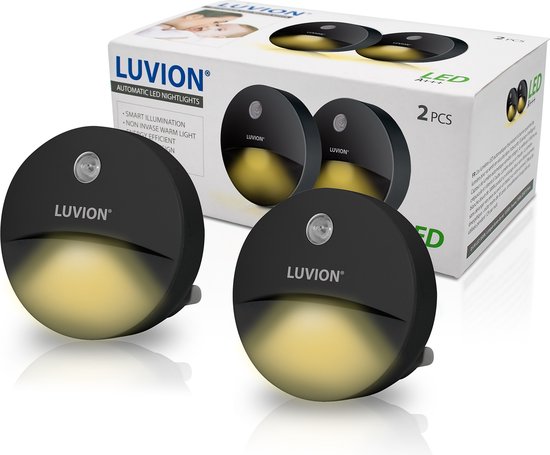 LUVION® LED Zwart Nachtlampje Stopcontact Duo Verpakking- Nachtlampje voor Baby's, Kinderen en Volwassenen - Zwart van LUVION