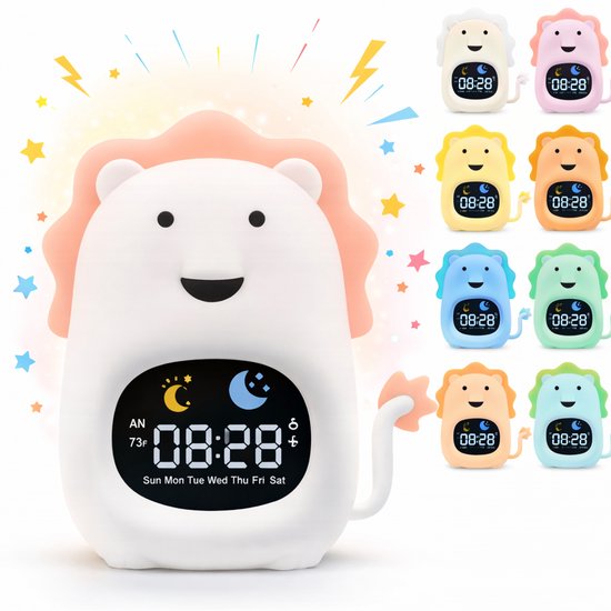 Luvonic® Slaaptrainer - Kinderwekker - Nachtlamp en Wekker - Kindvriendelijke Slaapwekker - Slaaptrainer met Led en Geluid - White Noise - 8 Verschillende Kleuren - Kind/Peuter/Kleuter - Leeuw van Luvonic