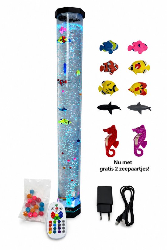 Luxe bubbel-vis-waterzuil-kleuren led verlichting-draadloze afstandsbediening (80 cm hoog, nu met gratis 2x zeepaartjes en color orb bolletjes)