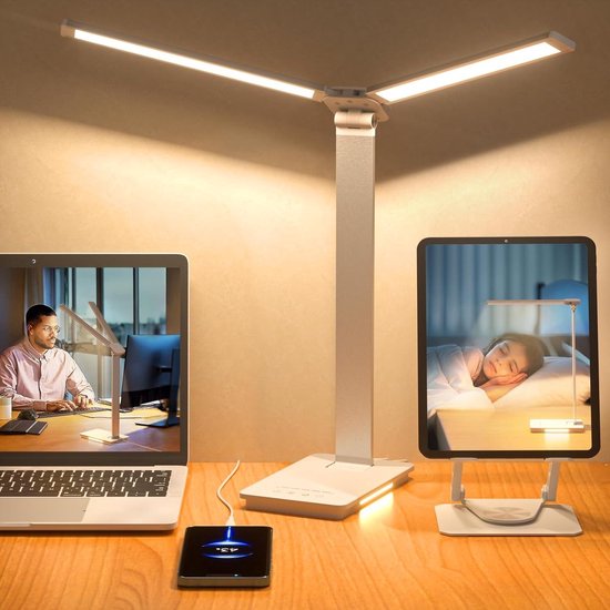 Lzwintrading Bureaulamp led - Bureaulamp led Dimbaar - Dubbele Kop - 5 Helderheidsniveaus - 5 Kleurmodi - Oogbescherming - Opvouwbare Tafellamp voor Kantoorverlichting - Wit - Bureaulamp Oplaadbaar