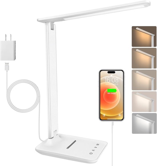Lzwintrading LED Bureaulamp Dimbaar - Bureaulamp met 5 Kleuren en 5 Helderheidsniveaus - Tafellamp met USB-Oplaadpoort - Aanraakbediening voor Kinderen, Slaapkamers, Lezen, Kantoren