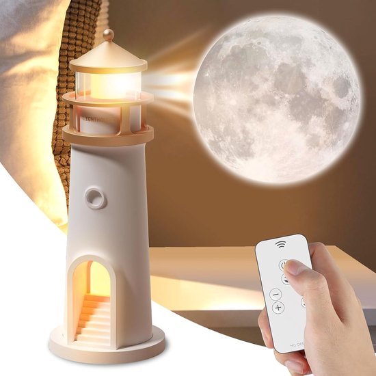 Lzwintrading - Nachtlampje Kinderen Oplaadbaar - Nachtlampje Baby - Tafellamp Slaapkamer - Lamp Nachtkastje - Nachtlampje Projector Maan met Afstandsbediening - Vuurtorenlamp Ledlicht