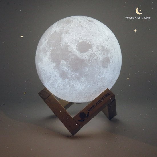 Maan Lamp - Vera's Arts & Dice - 16 Verschillende Kleuren - Planeet Lampen - Moon Lamp - LED Lamp - Oplaadbaar Dimbaar Stroboscoop Effect Afstandsbediening - 3D Print Handmade - Lampen Sfeerverlichting - Slaapkamer Woonkamer Kinderkamer