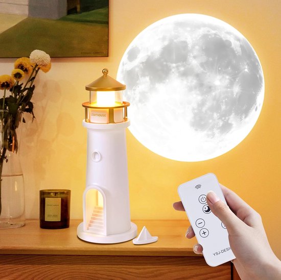 Maanlicht Projector Nachtlamp - Opladelbare Maanlamp met Afstandsbediening, Kids Vuurtoren Decoratieve Projector, van Starry Night