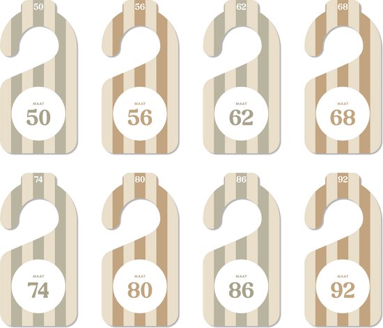 Maathangers - Baby Kleding Maat Hangers - Maatverdelers maat 50 t/m 92 - Strepen - Neutrale kleuren - 8 stuks - Kastverdeler - Kinder/baby Kledingkast - Kledinghanger - Kraamcadeau
