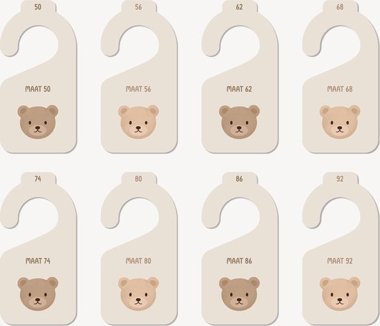 Maathangers - Baby Kleding Maat Hangers - Maatverdelers maat 50 t/m 92 - Teddybeer - Beertje - Beren - Dieren - 8 stuks - Kastverdeler - Kinder/baby Kledingkast - Kledinghanger - Kraamcadeau
