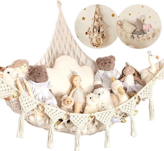 Macramé Knuffeldieren Hangmat - Boho Stijl Speelgoed Opbergnet voor Kinderkamer | Ruimtebesparende Ophangorganizer voor Knuffels | Stevig Geweven Katoen met Veilig Bevestigingssysteem | Eenvoudig te Installeren