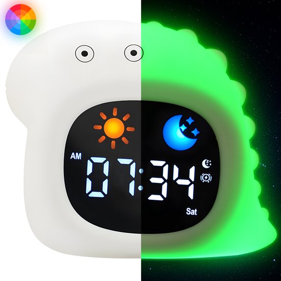 Maness® Dino Slaaptrainer - Kinderwekker - Slaapwekker - Met nachtlamp functie en wekker timer - Slaaphulp voor kinderen vanaf de peuter leeftijd - Ook leuk als nachtlampje voor baby's van Maness