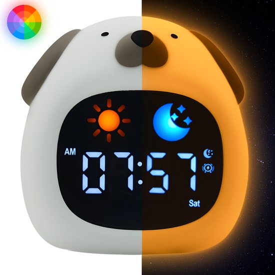 Maness® Hond Slaaptrainer - Kinderwekker - Slaapwekker - Met nachtlamp functie en wekker timer - Slaaphulp voor kinderen vanaf de peuter leeftijd - Ook leuk als nachtlampje voor baby's van Maness