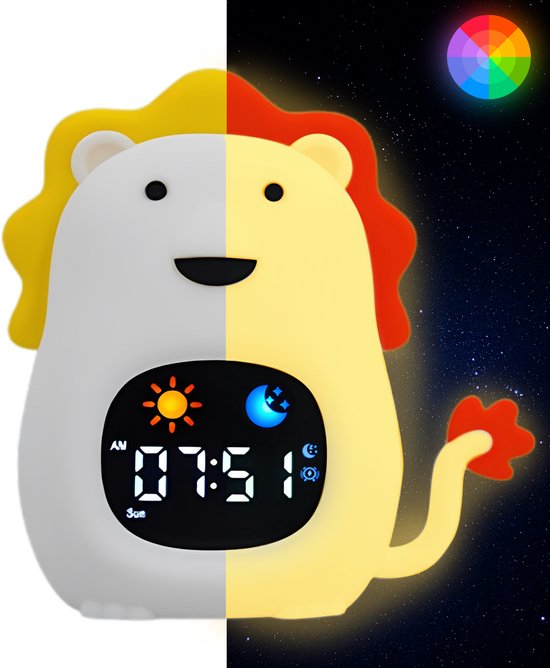 Maness® Leeuw Slaaptrainer - Kinderwekker - Slaapwekker - Met nachtlamp functie en wekker timer - Slaaphulp voor kinderen vanaf de peuter leeftijd - Ook leuk als nachtlampje voor baby's van Merkloos