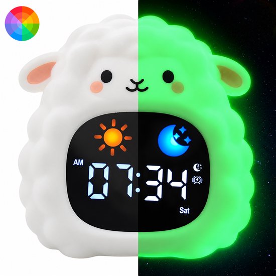 Maness® Schaap Slaaptrainer - Kinderwekker - Slaapwekker - Met nachtlamp functie en wekker timer - Slaaphulp voor kinderen vanaf de peuter leeftijd - Ook leuk als nachtlampje voor baby's