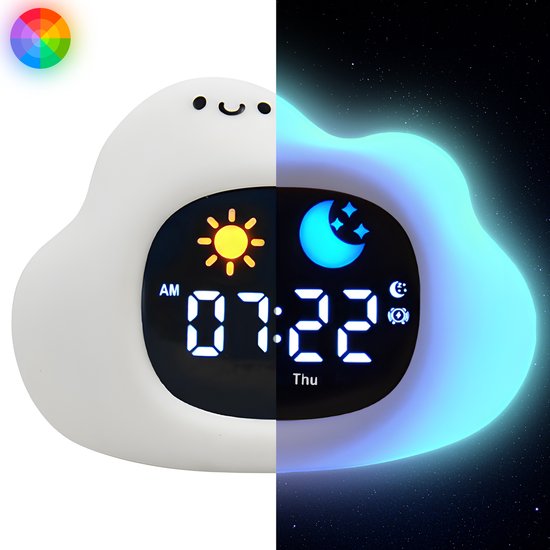 Maness® Wolkje Slaaptrainer - Kinderwekker - Slaapwekker - Met nachtlamp functie en wekker timer - Slaaphulp voor kinderen vanaf de peuter leeftijd - Ook leuk als nachtlampje voor baby's van Maness