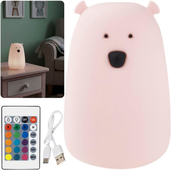 Mary's Siliconen LED-nachtlampje, grote beer, slaaplampje met afstandsbediening voor in de kamer, USB warm RGB-licht van Merkloos
